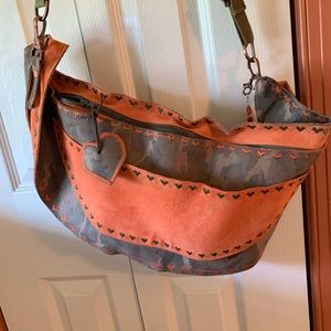Camo /orange leather handmade BoHo bag